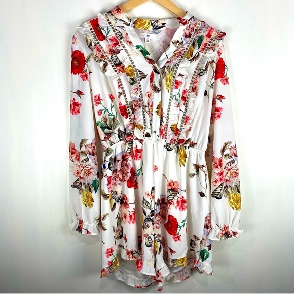 BP. Eyelet Ruffle Floral Flower Print Long Sleeve Romper Dainty Flowy Medium - Picture 1 of 7
